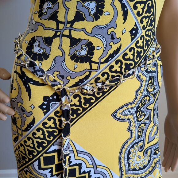Vintage Y2K Cache Yellow Mixed Print Maxi Dress Chain Belt Strapless Size Large - Picture 5 of 13